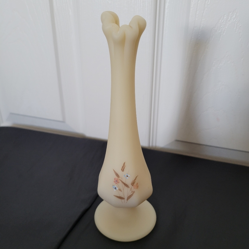 Vintage Fenton Glass Hand Painted Bud Vase Satin Signed By  D. Hill